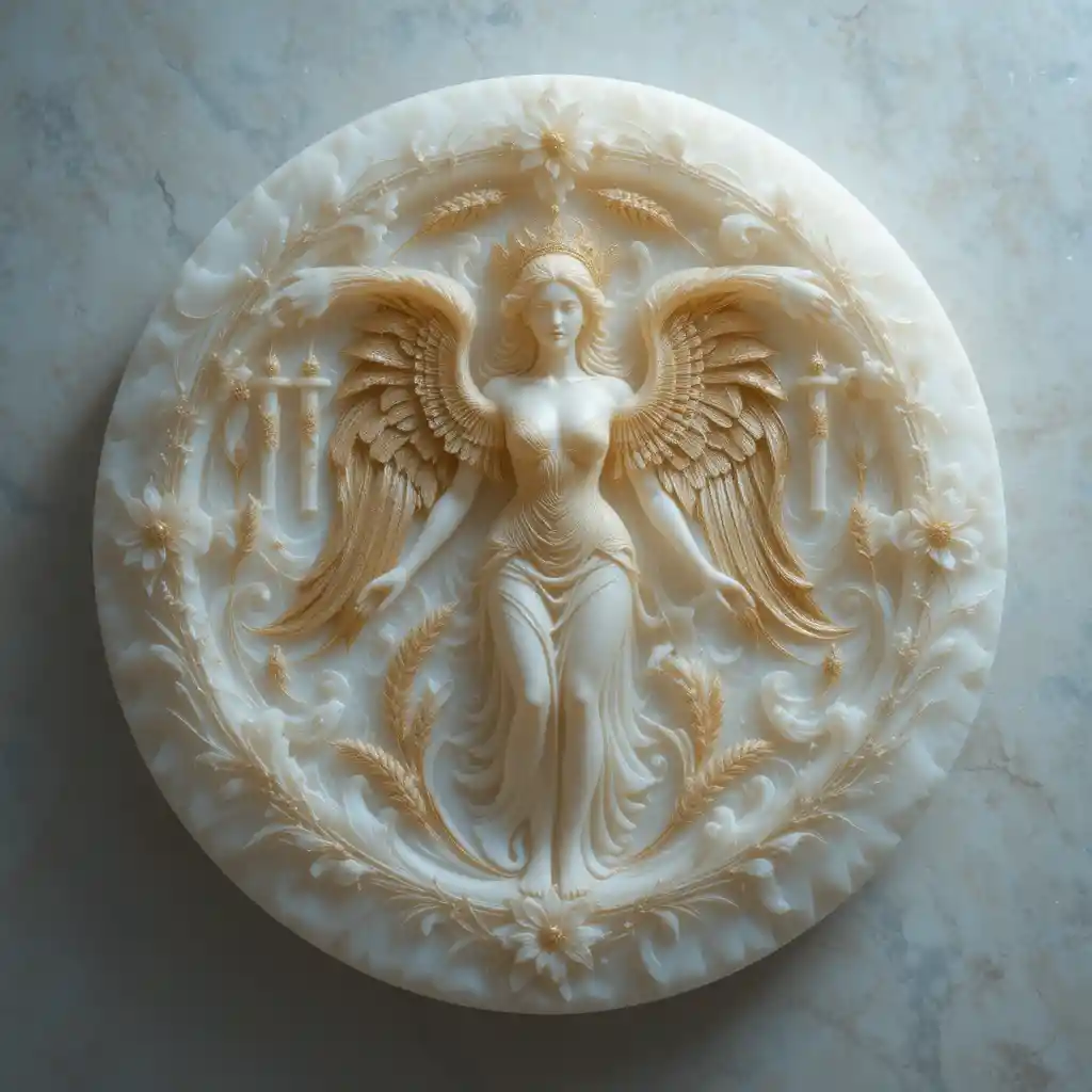 Virgo zodiac glyph carved in alabaster with golden wheat