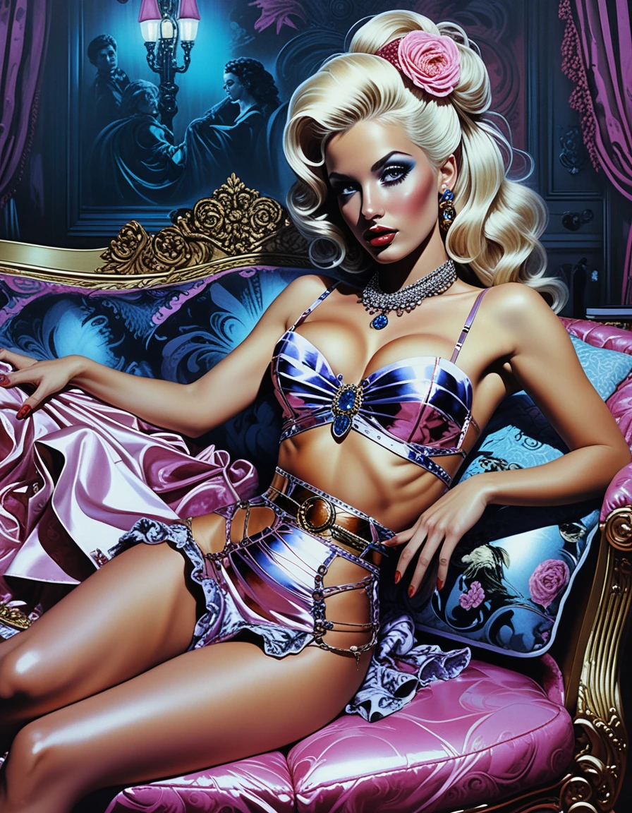 Glamorous Blonde Woman Lounging On Velvet Victorian Couch