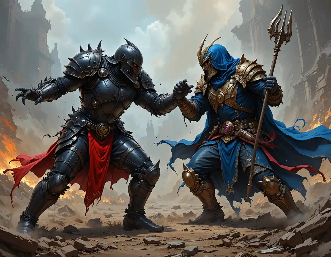Armored fantasy warriors clash on a burning battlefield