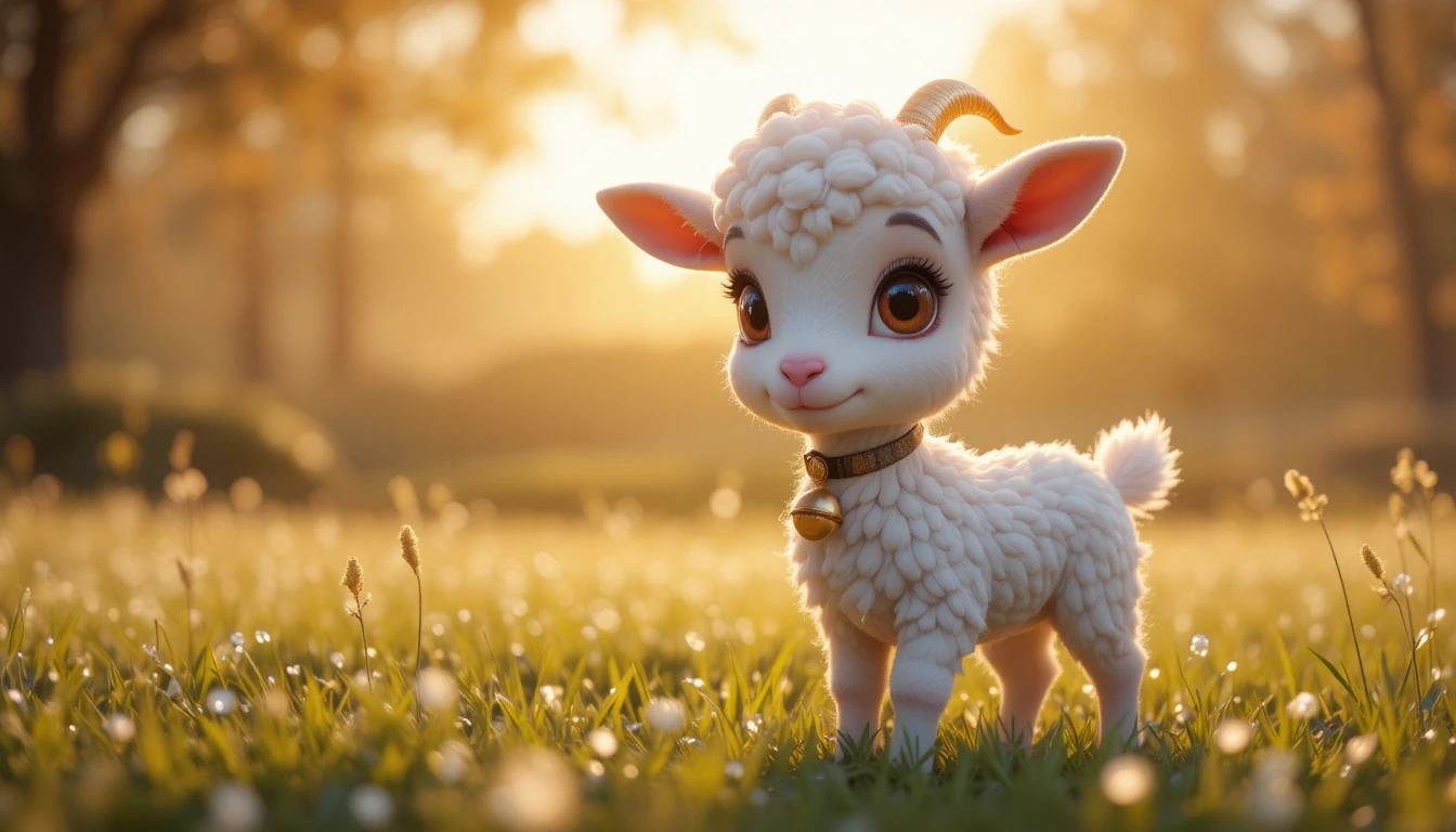 Adorable chevreau dans une prairie baignée par le soleil levant