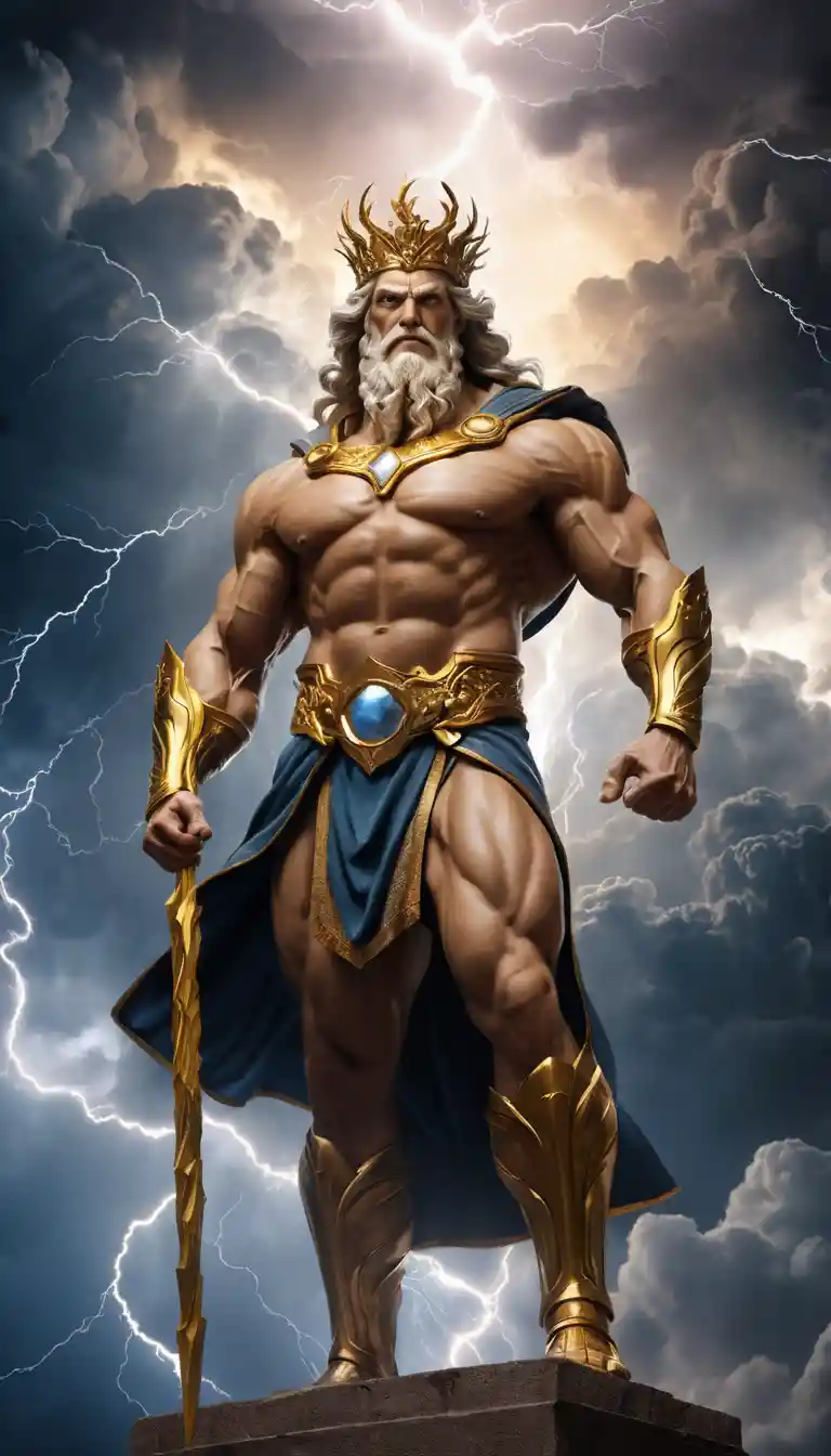Zeus crowned with lightning standing on a stormy cloud