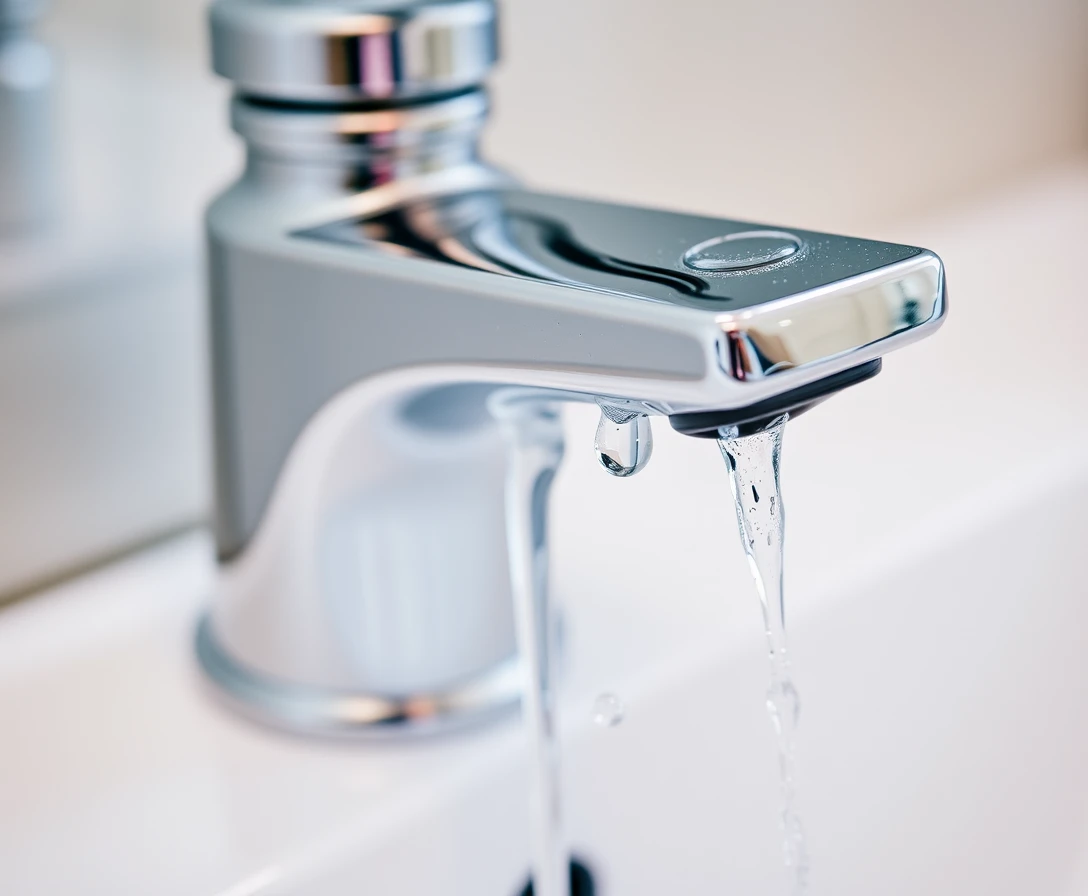 Primo piano di rubinetto cromato con goccioline d’acqua scintillanti