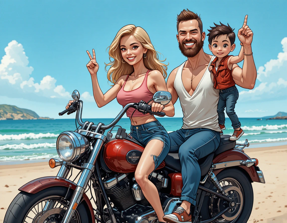 Familia estilo cómic en moto roja en una playa soleada