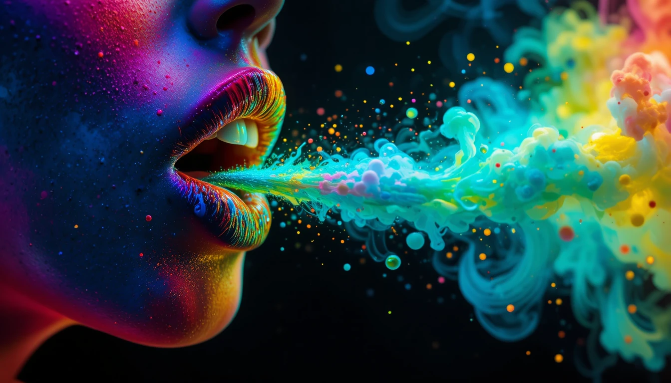 Neon rainbow lips blowing colorful paint like smoke