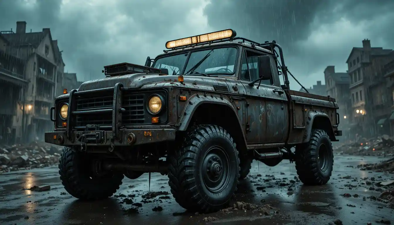 Armored truck in a stormy post apocalyptic ruined city