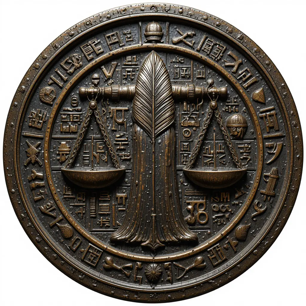 Ancient bronze Libra glyph with sacred feather pattern
