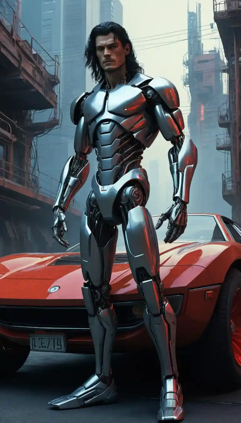 Cyborg man beside red futuristic car in industrial city