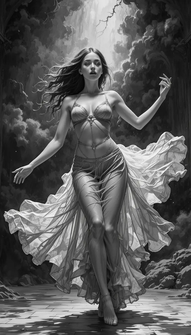 Young girl dancing on stage in dramatic monochrome drawing