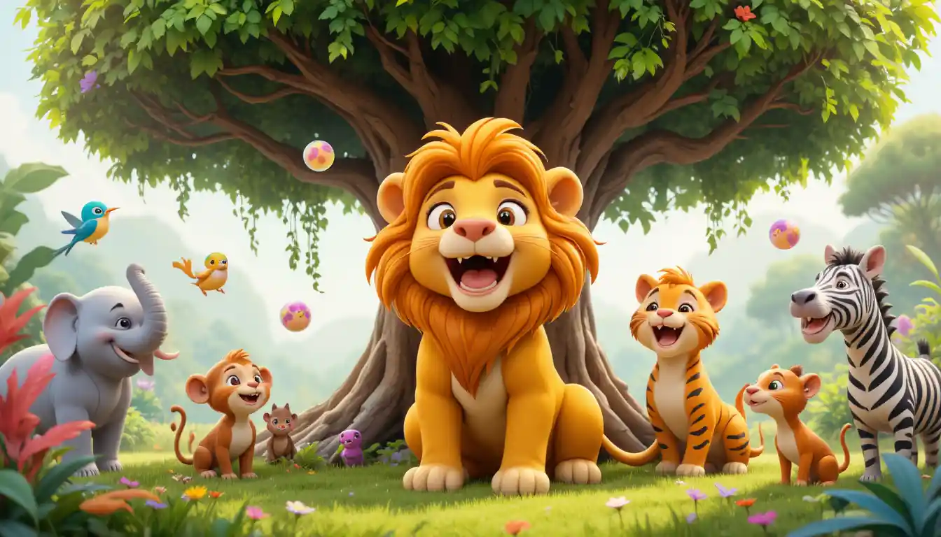 Cute cartoon lion yawning under a bright jungle tree