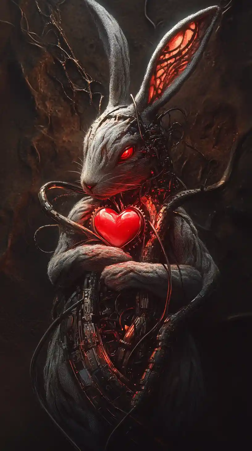 Gothic rabbit automaton with glowing mechanical heart