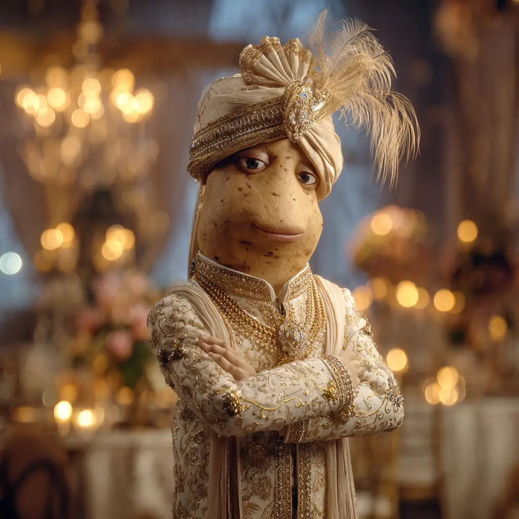 Anthropomorphic Potato Indian Groom At Luxurious Wedding