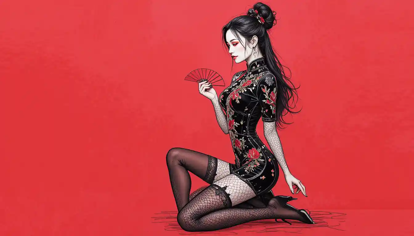 Elegant woman in black cheongsam against bold red backdrop