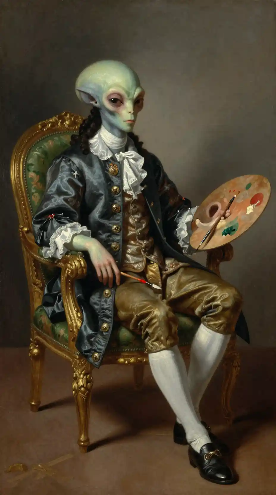 Baroque alien artist painting a detailed self portrait