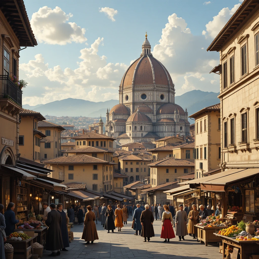 Renaissance Florence cityscape with cathedral dome and busy market