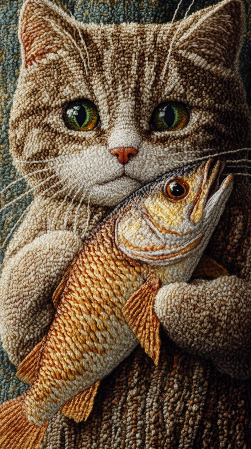 Knitted cat holding a realistic fish in its paws