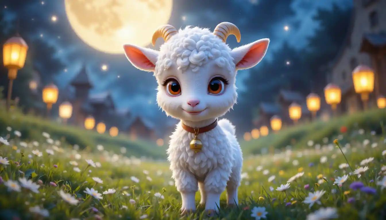 Cute baby goat under glowing moonlit meadow lanterns