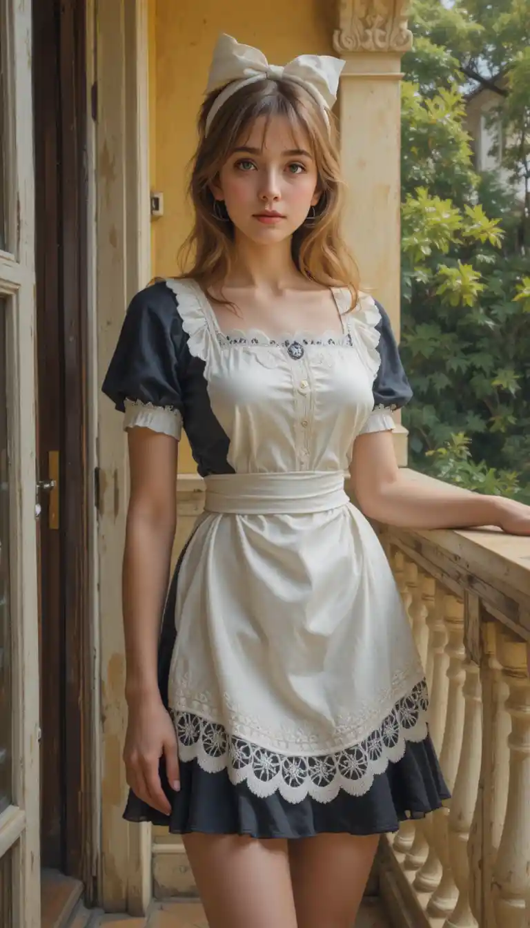 陽台上身穿制服的害羞女學生油畫