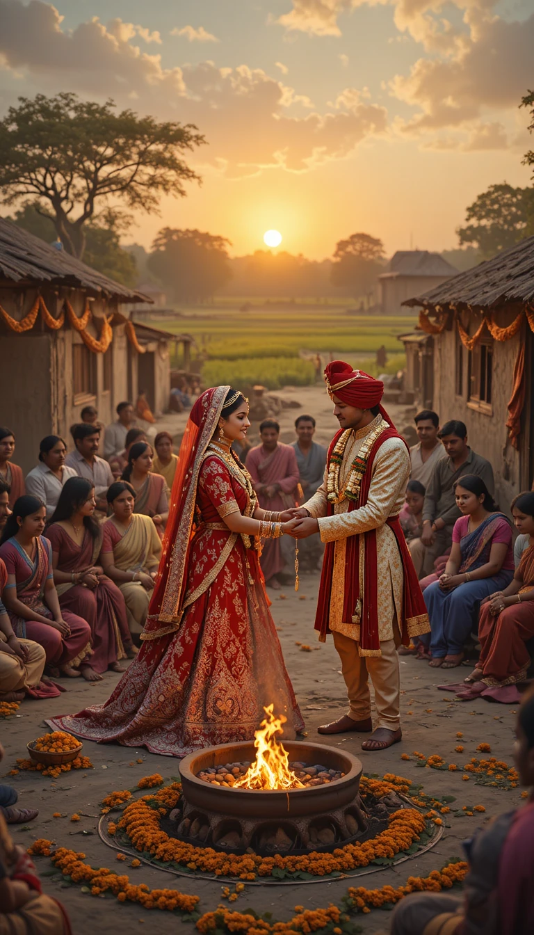 Filmisches indisches Dorfhochzeitspaar, das um das heilige Feuer kreist