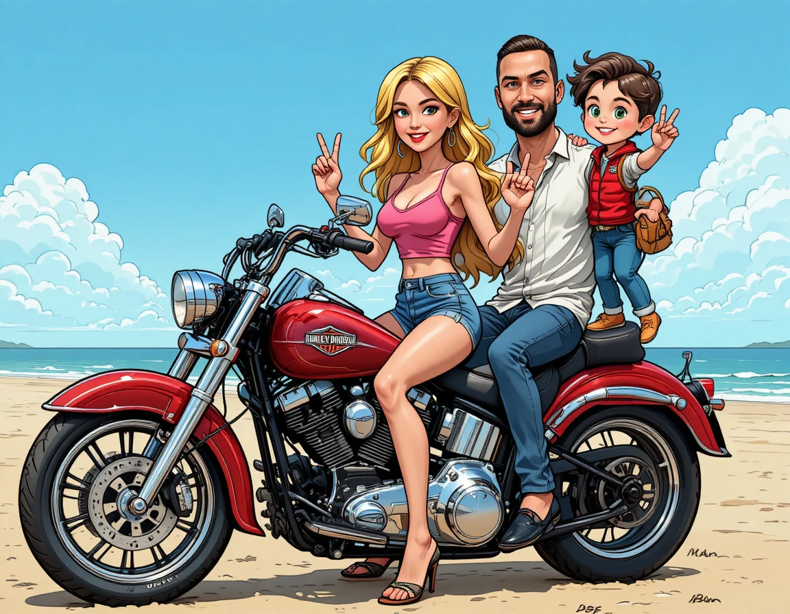 Familia de dibujos animados en una motocicleta roja en la playa