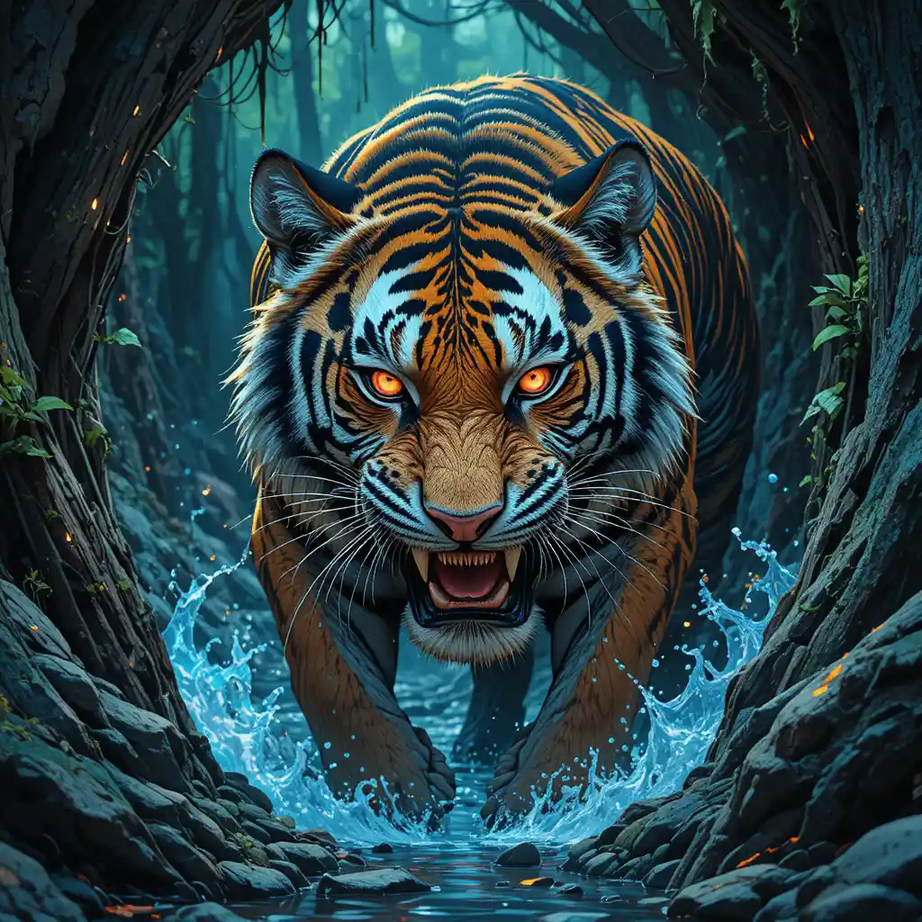Creepy anime tiger staring through jungle leaves