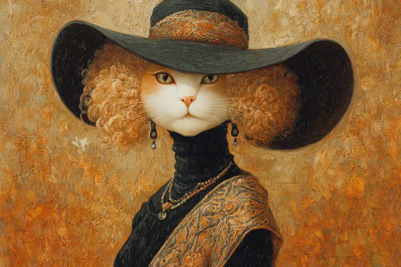 Elegant cat portrait in black hat and art nouveau style