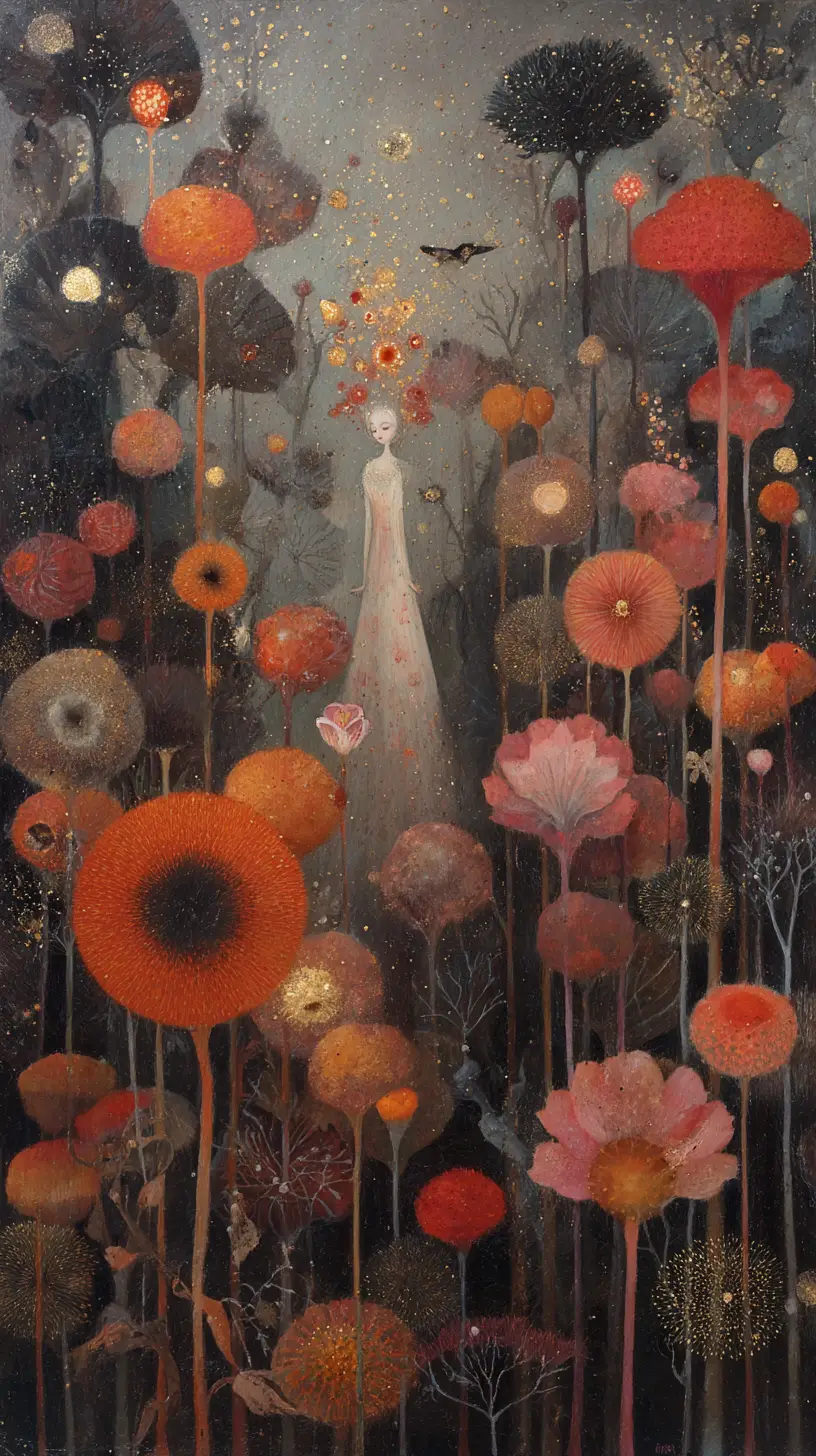 Surreal forest spirit collecting glowing stars among magic flowers