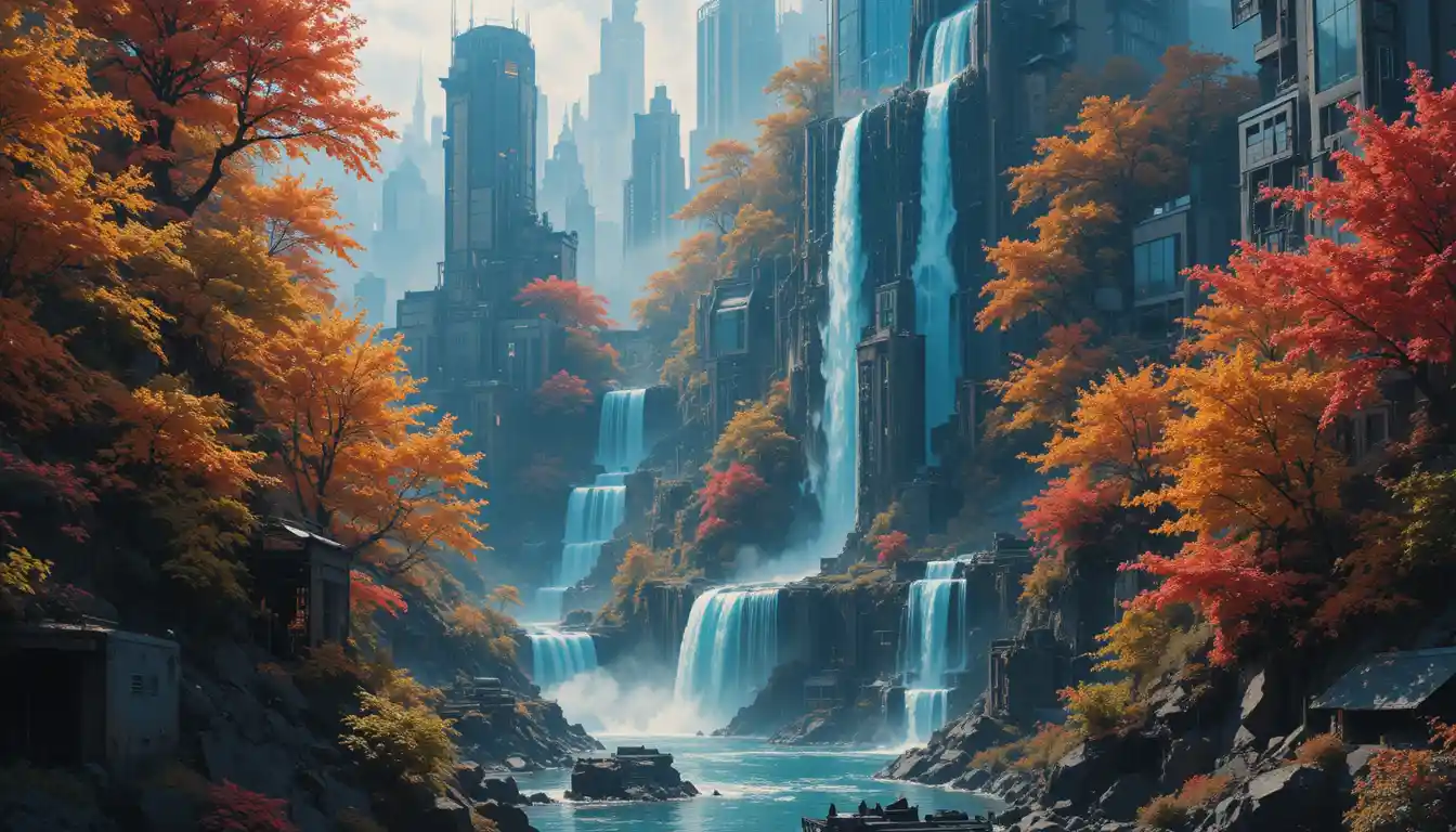 Herbstlicher Cyber-Wasserfall an einer zerfallenen Hochhausruine
