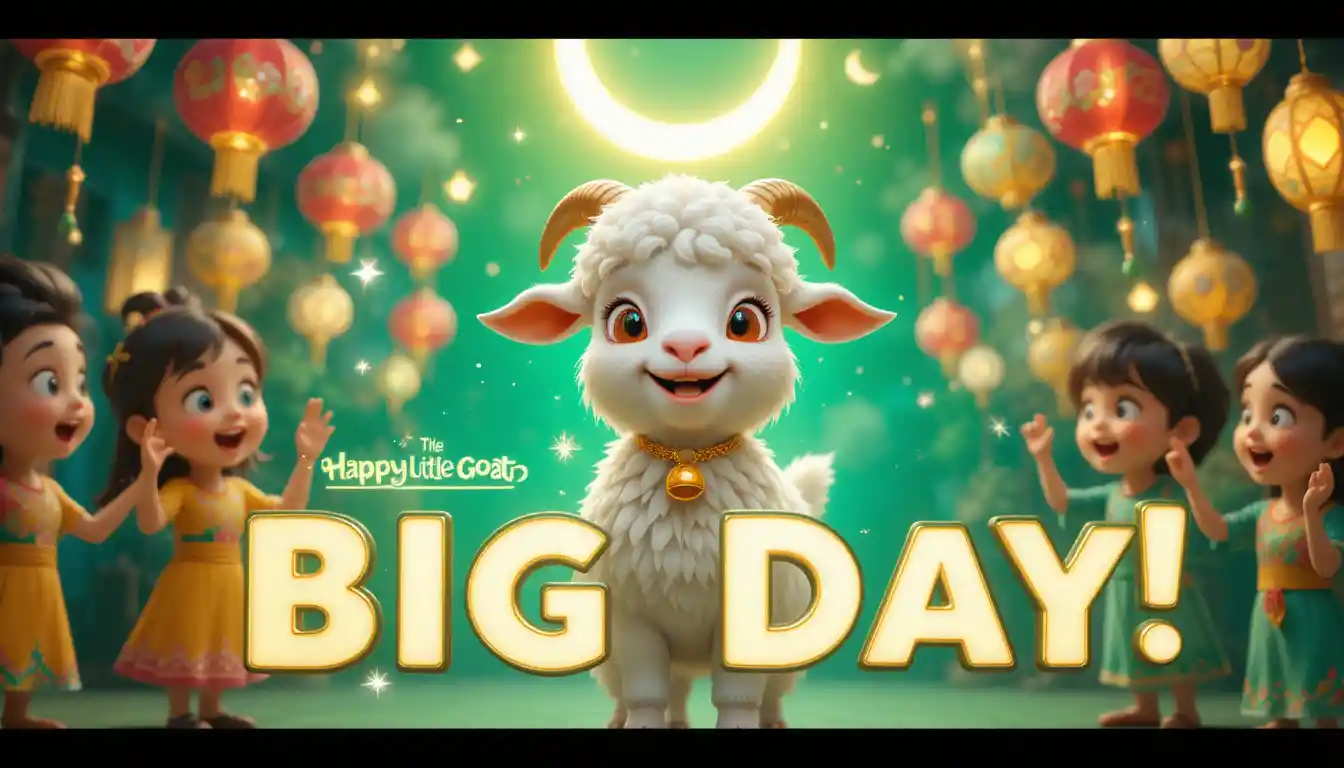 Smiling baby goat under crescent moon with eid lanterns