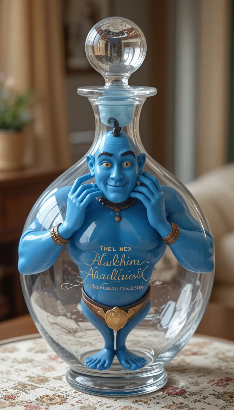 Blue genie trapped inside a vintage glass decanter