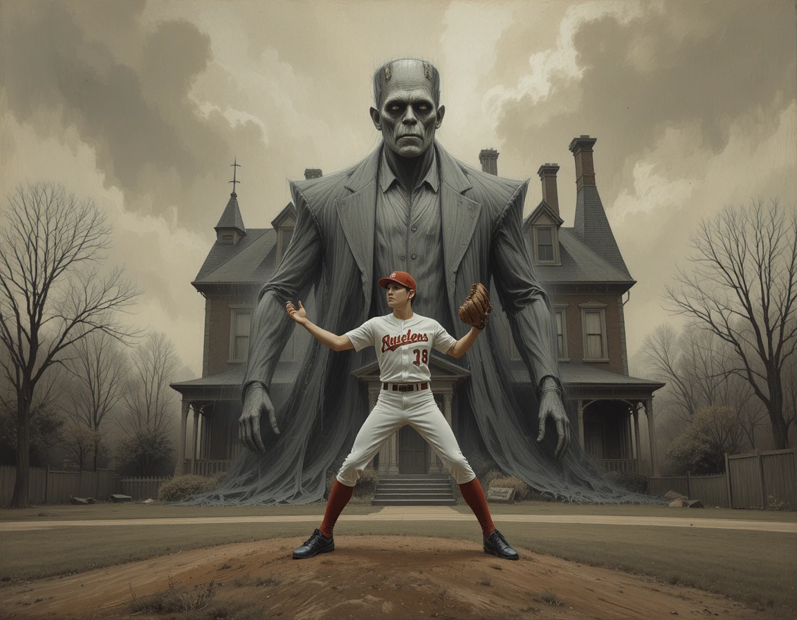 Young baseball pitcher with looming monster by haunted mansion