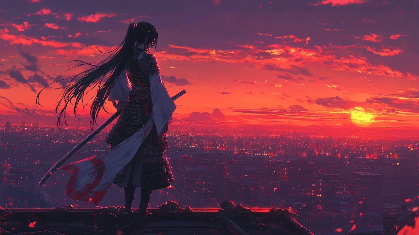 Anime samurai woman on ruined bridge at sunset
