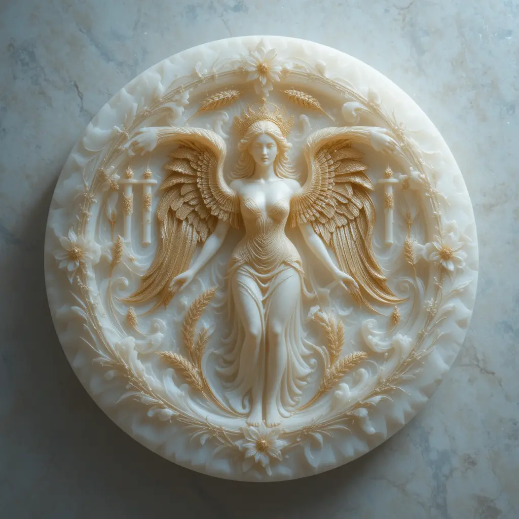 Virgo zodiac glyph carved in alabaster with golden wheat
