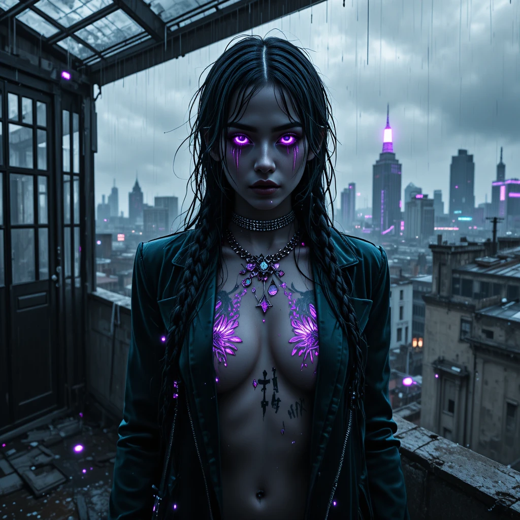 Mujer trenzada en azotea iluminada por neón en retrato noir