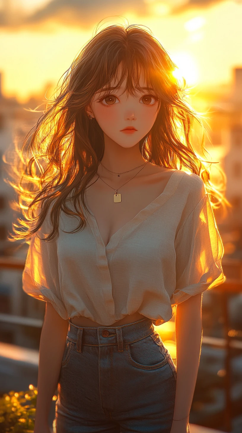 Anime girl on a quiet rooftop in warm sunset light