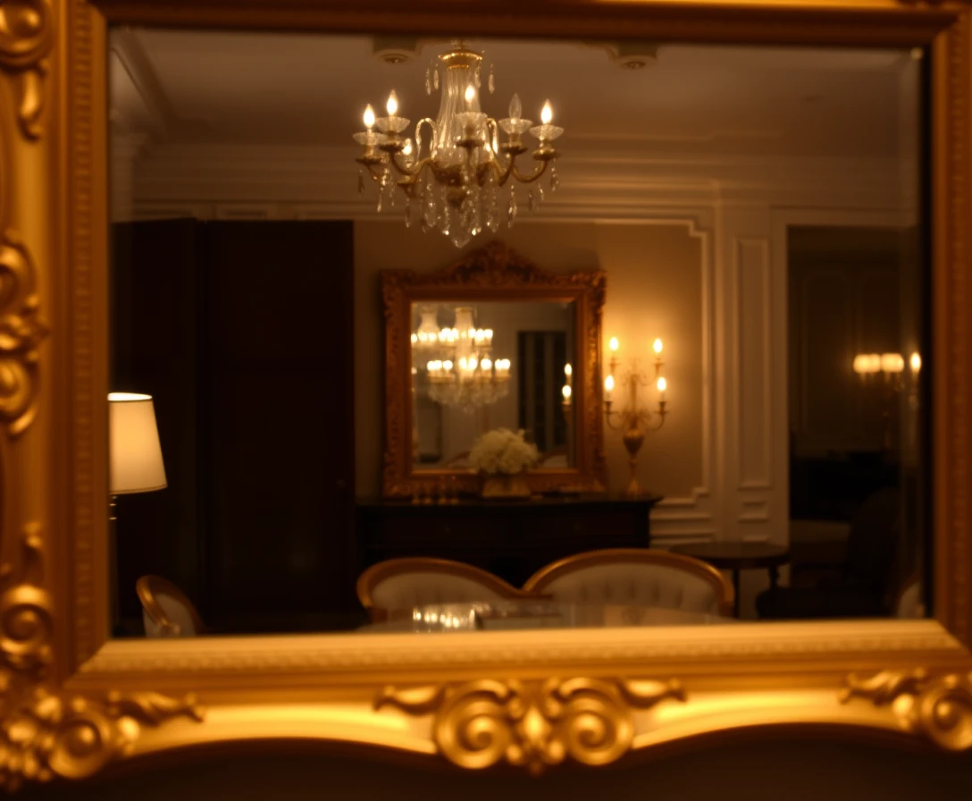 Gold framed mirror reflecting a softly lit elegant room