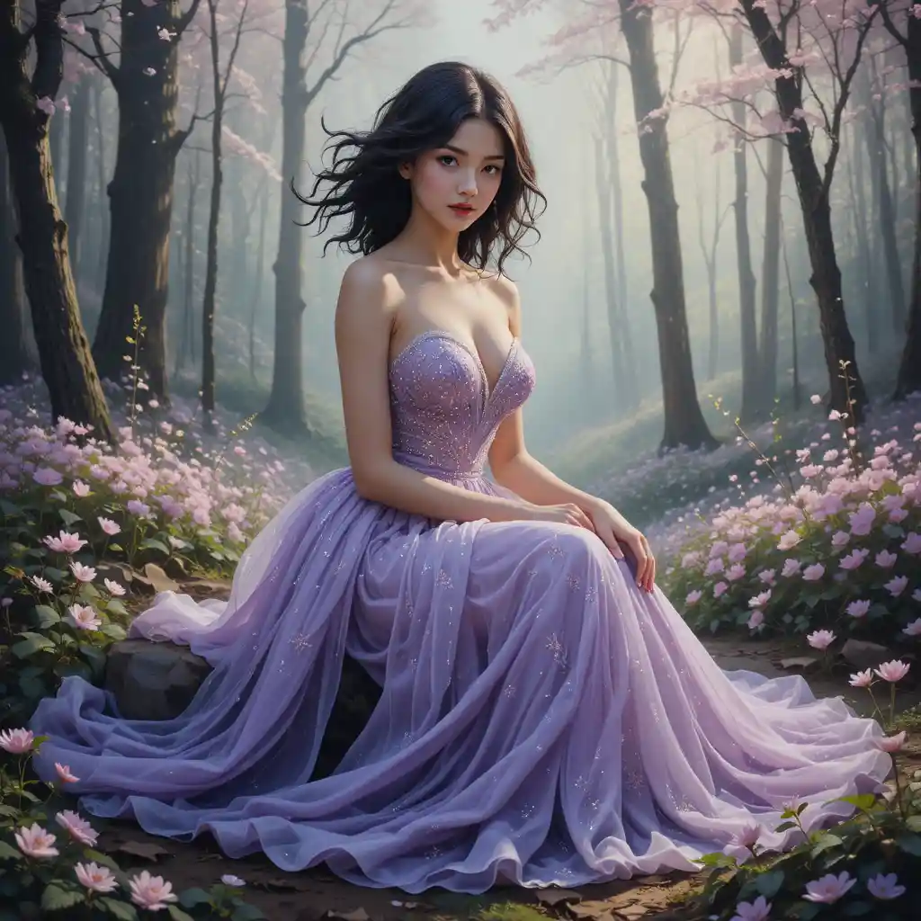 Elegant woman in sparkling gown sitting in magical forest
