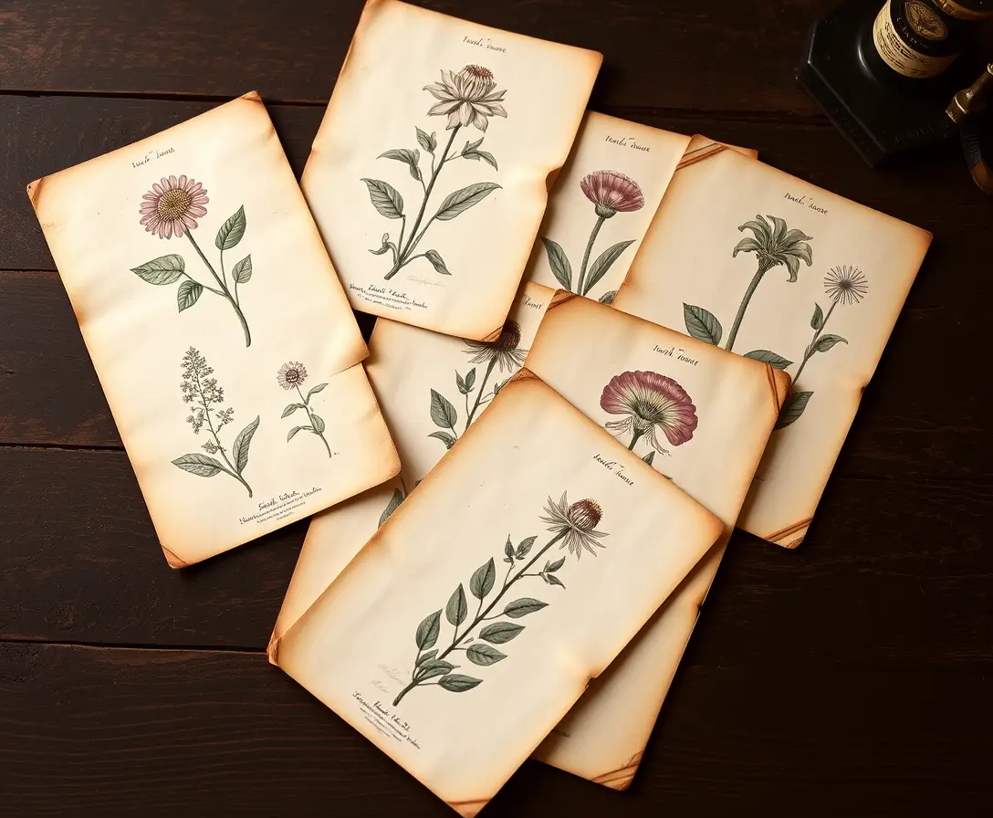 Vintage botanical illustrations on aged paper on wooden desk