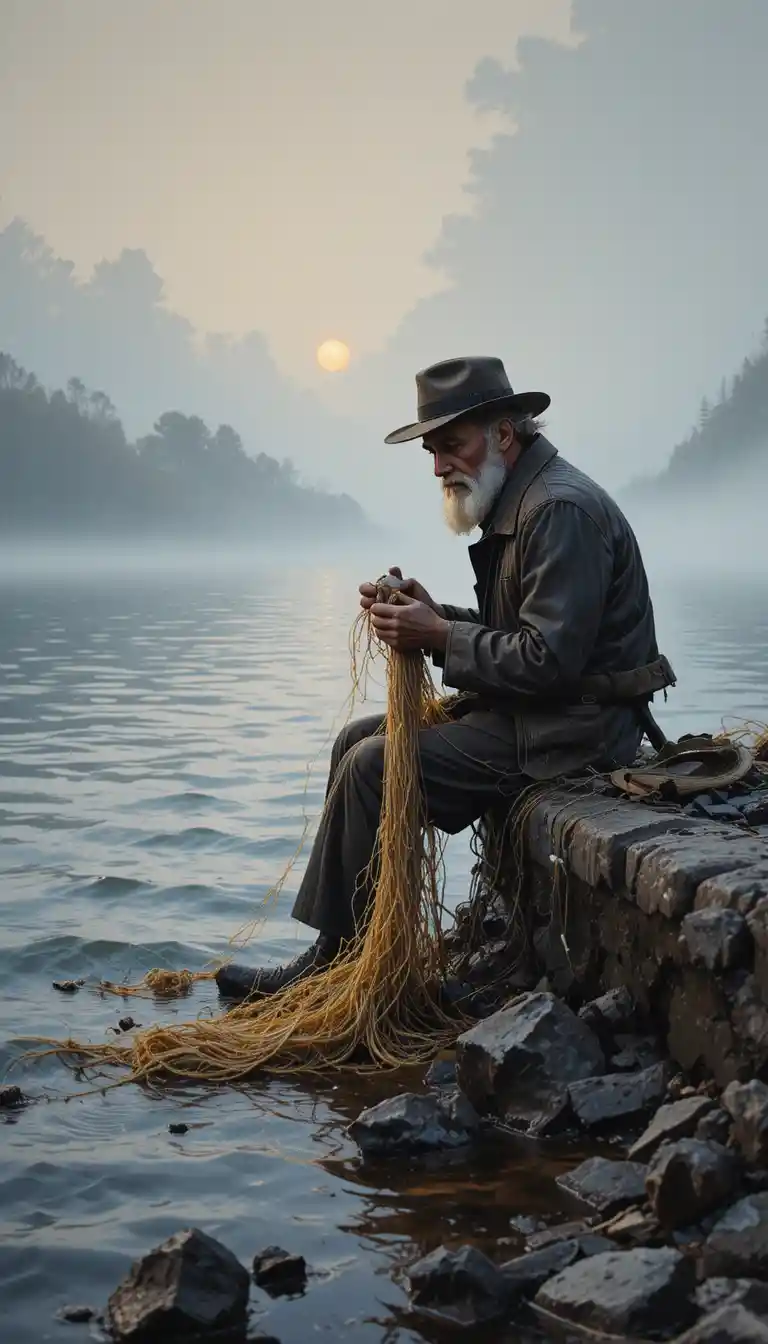 Solitary fisherman mending nets by a misty dawn lake