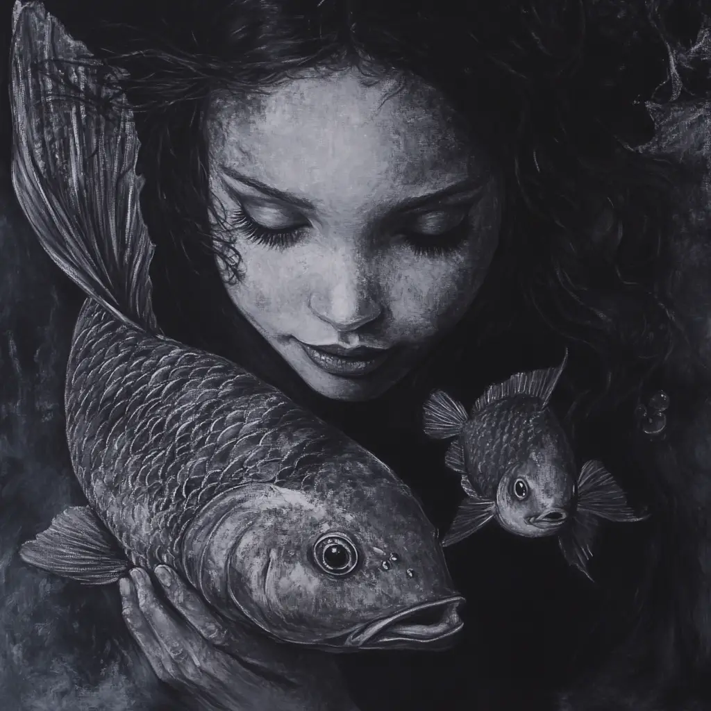 Charcoal portrait of a friendly mermaid with glowing accents