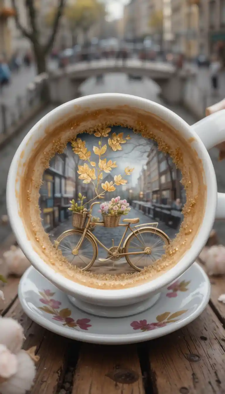 Vista cenital dentro de una taza de café sobre mesa de madera