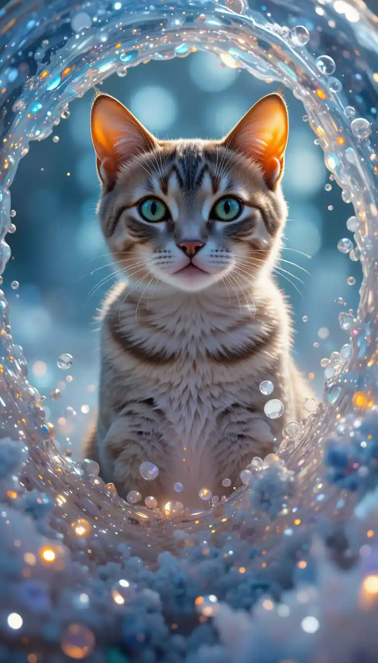 Elegant cat diving through shimmering liquid light surface