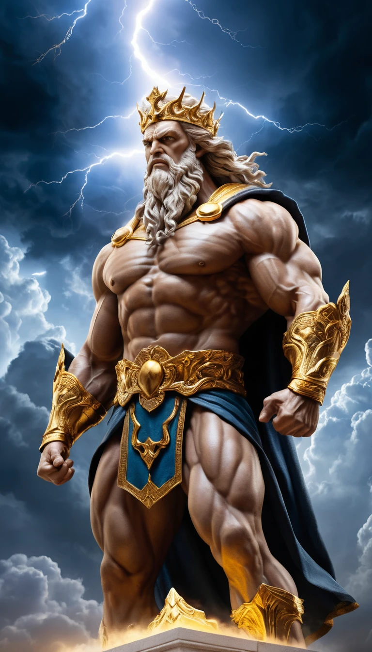 Majestic thunder god Zeus standing on stormy glowing clouds