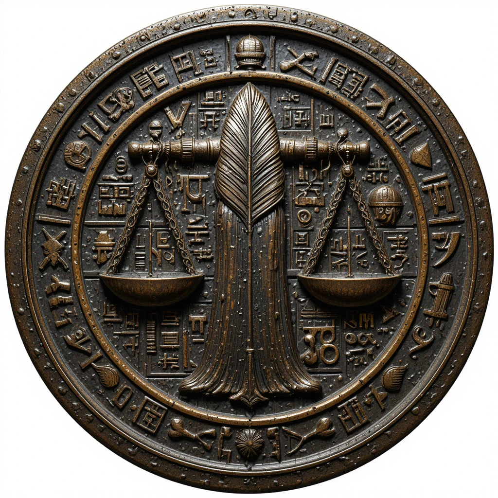 Ancient bronze Libra glyph with sacred feather pattern