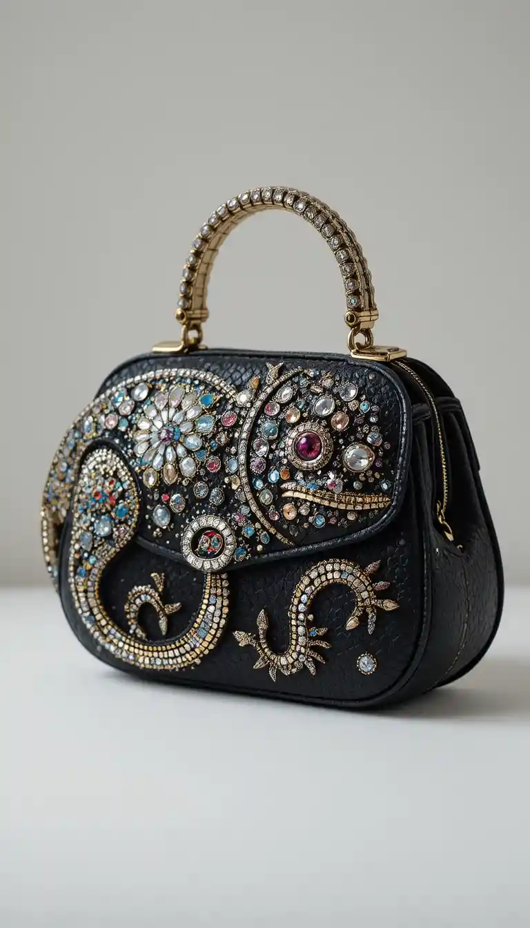 Accessorio moda per borsa a forma di camaleonte con strass ricamati