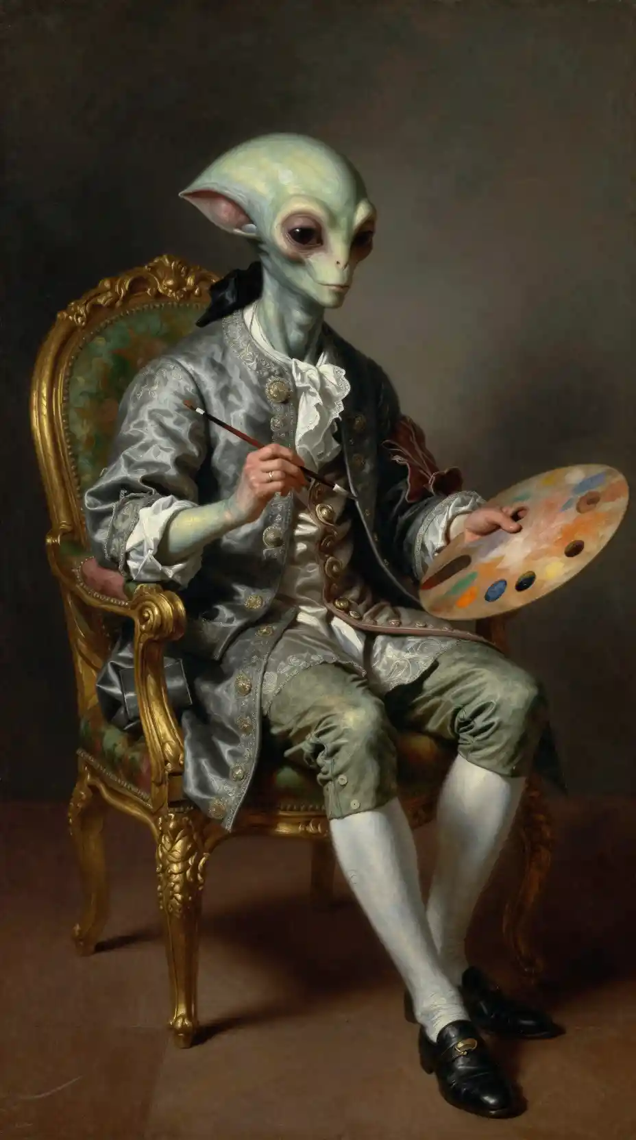 Baroque alien painter seated in an ornate armchair