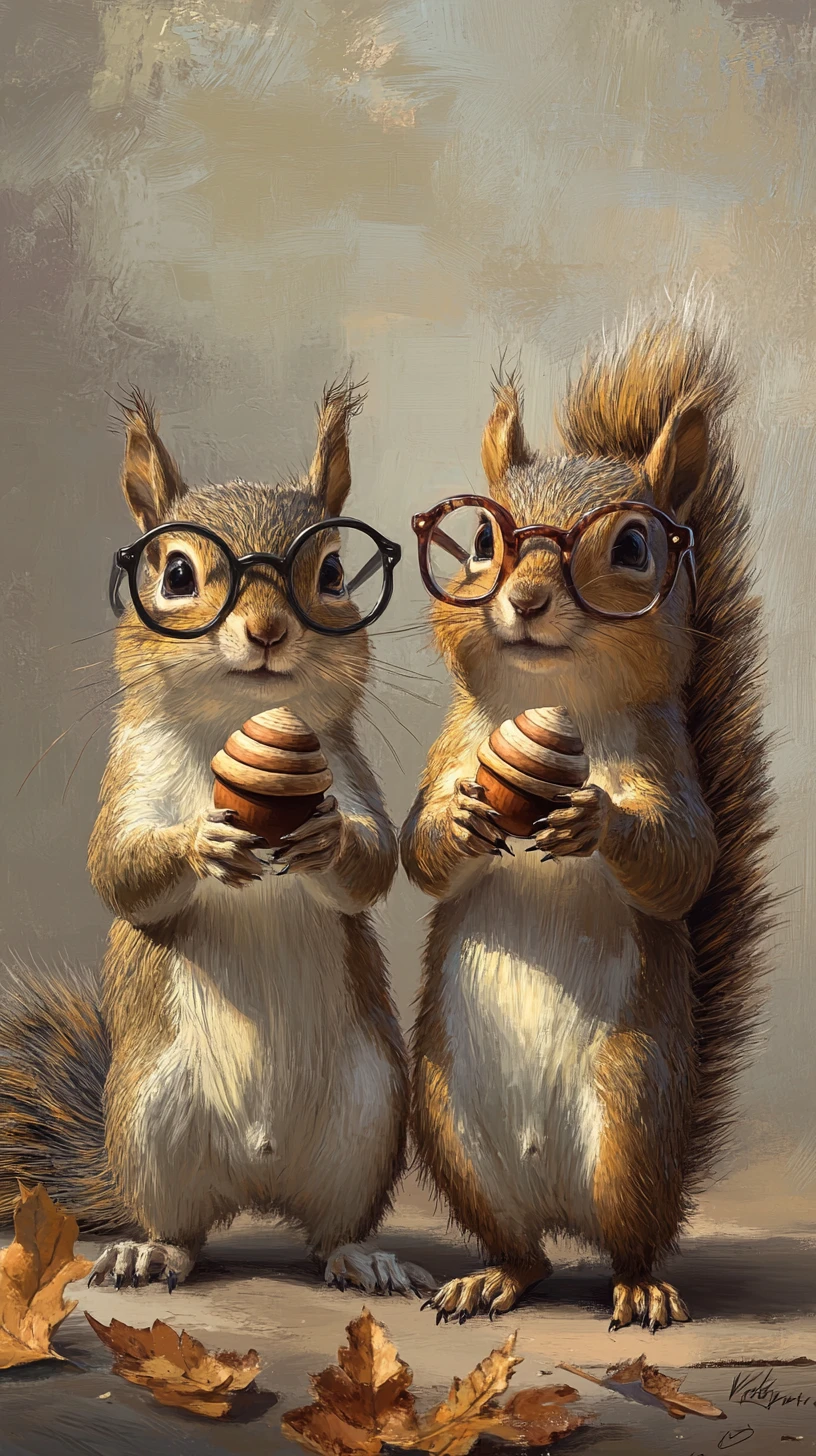 Two quirky squirrels with glasses clutching acorns together
