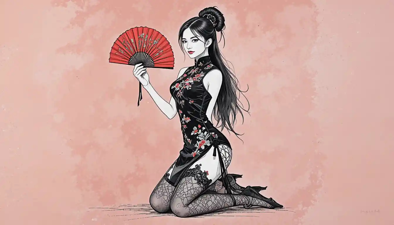 Elegant woman in black cheongsam with red fan on red background