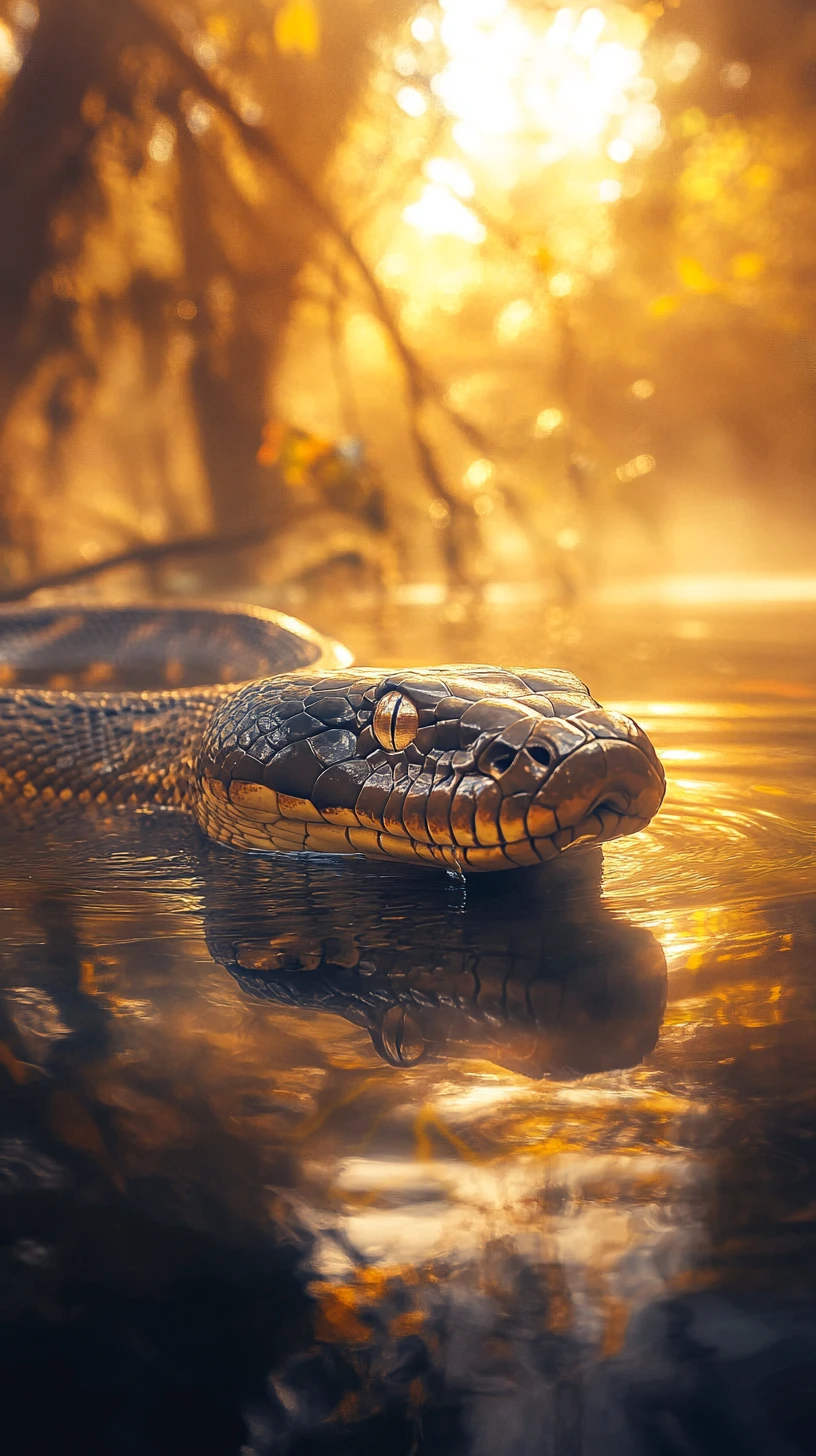 Large anaconda in a misty jungle river at sunset