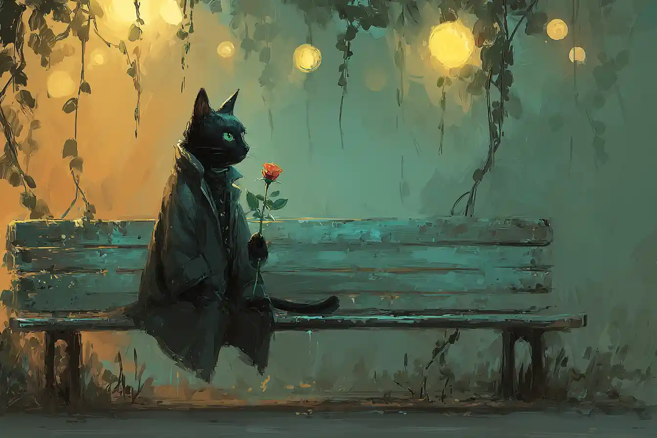 Schwarze Katze auf Parkbank mit einer einzelnen Rose