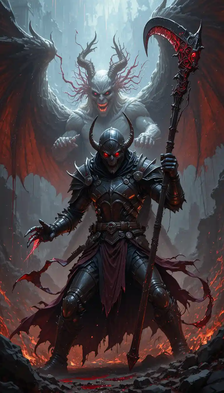 Demon inquisitor in plate armor battling radiant angel